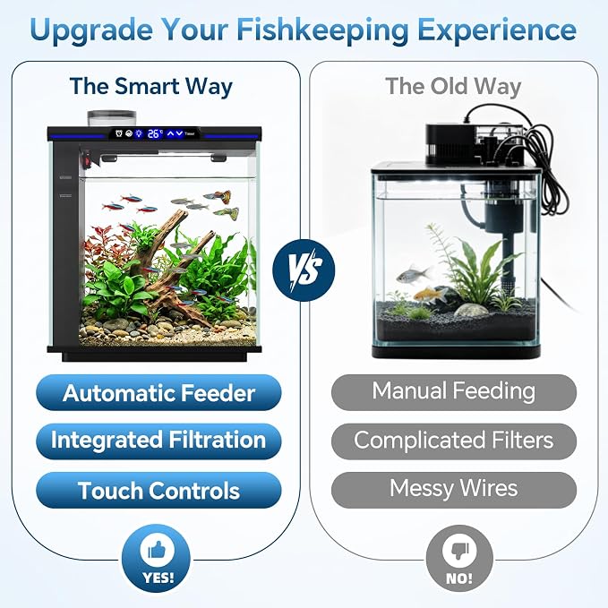AQQA 7.88 Gallon Aquarium Starter Kit, Glass Fish Tank 3-Stage Filtration | Real-Time Temp Monitor, 4-Color Timed LED Light, Quiet Pump, Self Cleaning Desktop Tank for Betta Shrimp, Black