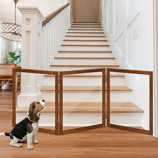 LZRS Clear Dog Gate for Indoor Use - Transparent Pet Fence with Solid Hardwood and Plastic Board, Stylish & Durable freestanding Pet Gate for Doorways, Stairs and Hallways-3 Panel Cherry