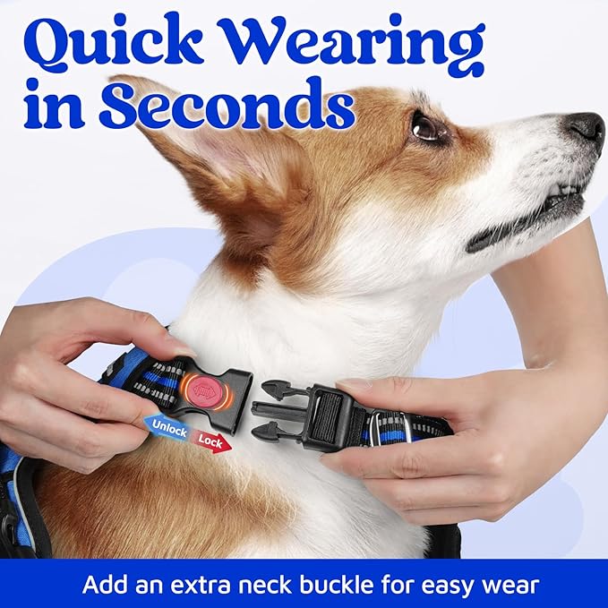 rabbitgoo Dog Harness Small Sized, No Pull Dog Vest with 3 Buckles, Adjustable Soft Padded Pet Harness with Easy Control Handle and Reflective Strips, Royal Blue, S