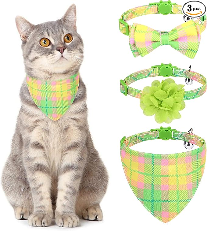 Breakaway Cat Collars with Bell & Cute Pendants - 3 Pack Adjustable Safety Kitten Collars - Decoration for Girl Boy Cats Puppy and Small Pets (Style C - Green Plaid)