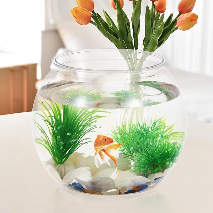 Plastic Clear Fish Bowl, Round Goldfish Betta Fish Tank, Desktop Bubble Bowl Plant Vase Pot for Fish Aquarium, Home Wedding Holiday Party Decor (1 Gallon, 8.6"x6.3") (Pack of 2)