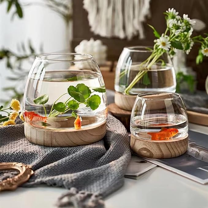 Glass Fish Bowl,with Wooden Base, Small Desktop Fish Bowl Aquarium for Betta Fish Gold Fish, Fish Tank Flower Vase,Hydroponic Plant Terrarium,for Home Decoration (11 x 19.5cm)