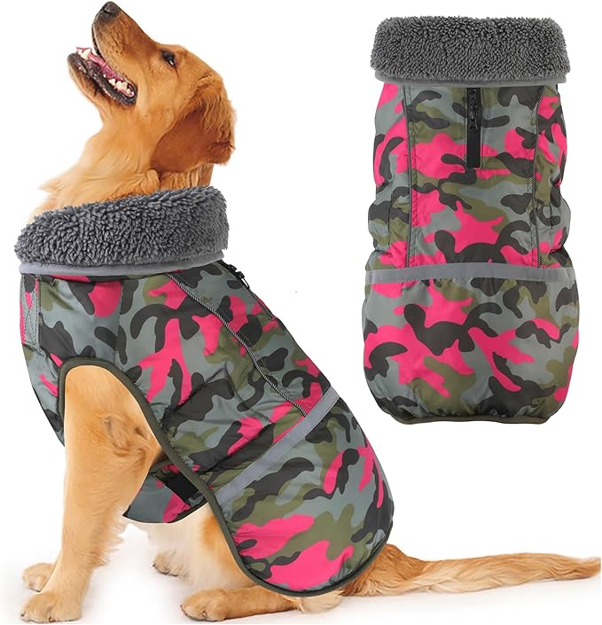 Dogcheer Warm Dog Coat, Waterproof Dog Jacket Reflective Adjustable Puppy Winter Coat with Buckle, Christmas Pet Snow Jacket Turtleneck Fleece Sweater for Small Medium Large Dogs - Camo Pink, M