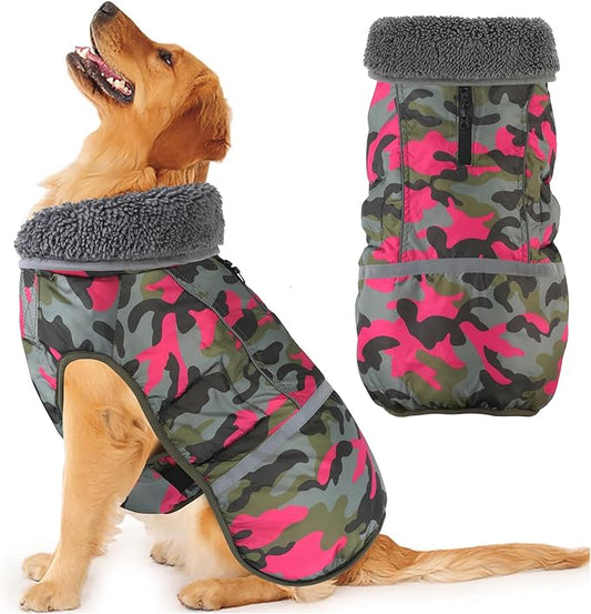 Dogcheer Warm Dog Coat, Waterproof Dog Jacket Reflective Adjustable Puppy Winter Coat with Buckle, Christmas Pet Snow Jacket Turtleneck Fleece Sweater for Small Medium Large Dogs - Camo Pink, M