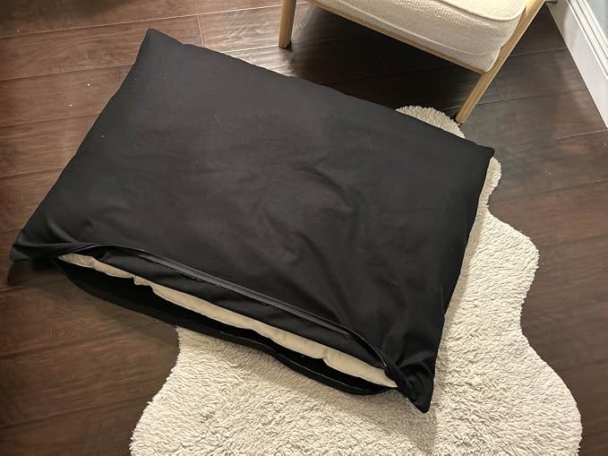 Natural Cotton Canvas Dog Bed – Raw Cotton Filled Pet Cushion Insert, Breathable Eco-Friendly Dog Mattress, Durable Washable Cover with Zipper (Black, Small 36"x22"x3")