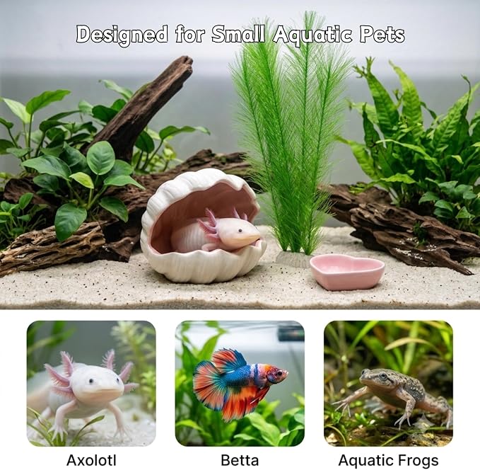 Axolotl Hide Ceramic Shell Shape Fish Tank Cave with Feeding Bowl | 3-Piece Aquarium Decor Kit with Silk Plant, Extra Large Habitat Shelter for Axolotls, Betta, Newts & Small Pet Frogs (Pink)