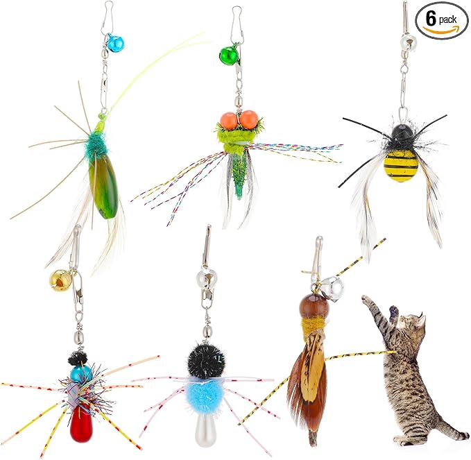 Cat Insect Feather Toys Replacement Cat Toy Wand Refills, 6 Pieces Natural Insect Cat Toy Feathers Refill, Interactive Cat Teaser Wand Attachments, with Bell(Style 8)