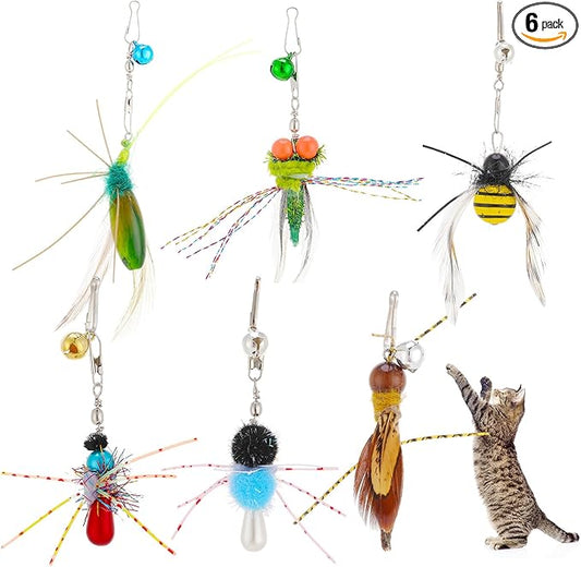 Cat Insect Feather Toys Replacement Cat Toy Wand Refills, 6 Pieces Natural Insect Cat Toy Feathers Refill, Interactive Cat Teaser Wand Attachments, with Bell(Style 8)