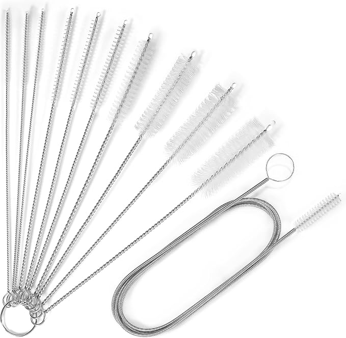 Ixiaoyoo 11 Pcs Cleaning Brushes Set, 8 Inch + 60 Inch Cleaner Brushes | White Nylon Brushes Kit for Bottles, Tumbler, Sippy Cups, Pet Waterers, Drinking Straws, Pipes, Sink Drain, Fish Tank, Hose