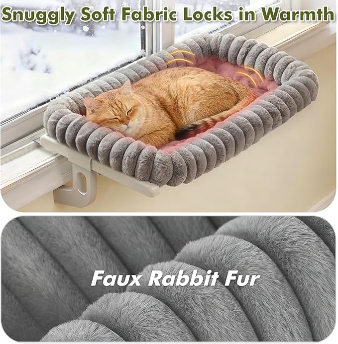 Zoratoo Cloud-Cuddle Cat Window Perch with 4-Sided Bolster, Zipper Design Cushion Window Seat for Window Sill, Sturdy Metal Frame & Easy Assembly Pet Hammock Bed for Indoor Cats (Gray, Large)