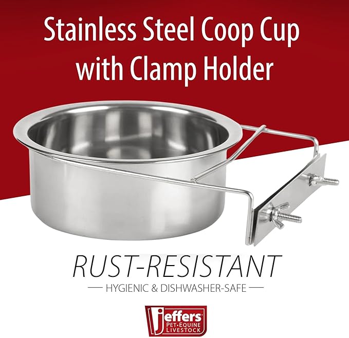 Jeffers Pet Stainless Steel Coop Kennel Cup with Screw On Clamp, 20 Oz – Durable, Rust Resistant Hangable Water & Food Feeder for Kennels, Coops & Cages - Chickens, Duck, Rabbits, Small Animals
