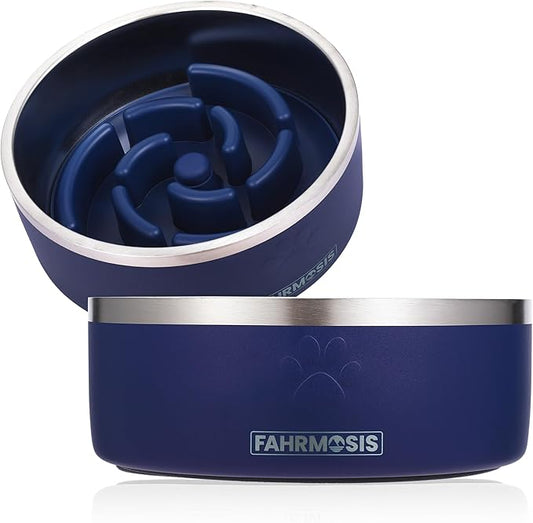 FAHRMOSIS 32 Oz Dog Bowl with Slow Feeder Insert Stainless Steel Pet Water Bowl for Medium & Large Breed Non Slip Rubber Base & Plastic Puzzle Feeder - Navy Blue
