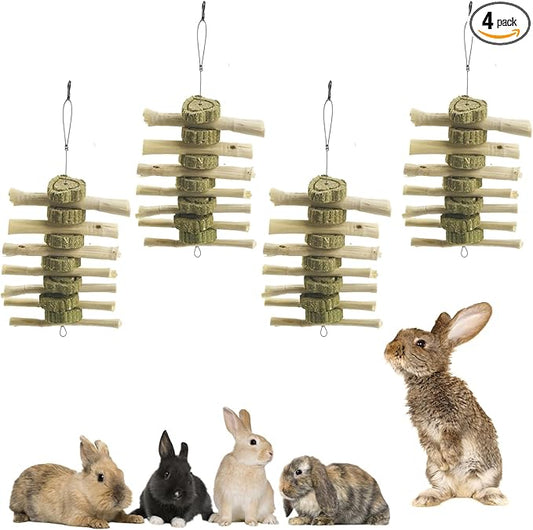 Natural Sweet Bamboo Grass Cake for Grinding Teeth,Rabbit Chew Toys Snack Hanging Guinea Pig Cake Toys String for Bunny,Chinchilla,Guinea Pigs,Squirrel,Gerbil (4PCS)