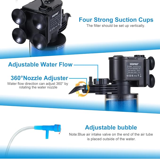 Internal Fish Tank Filter, 2-Stage Biochemical Sponge Filtration, 90GPH Adjustable Water Flow Submersible Aquarium Filter Pump with Aeration for 15~20 Gallon Freshwater Saltwater, TH280A(90GPH)