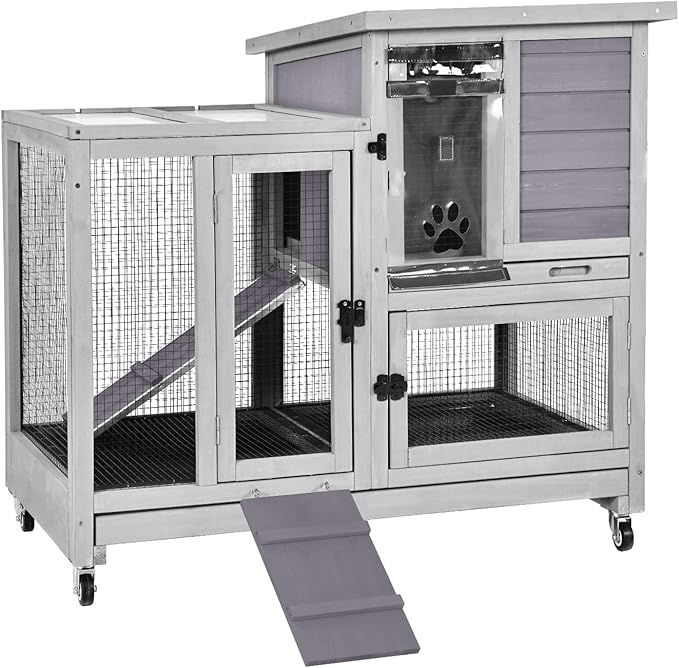 Indoor Rabbit Bunny Hutch Outdoor, Guinea Pig Cages with Removable Bottom Wire Netting - Easy Clean