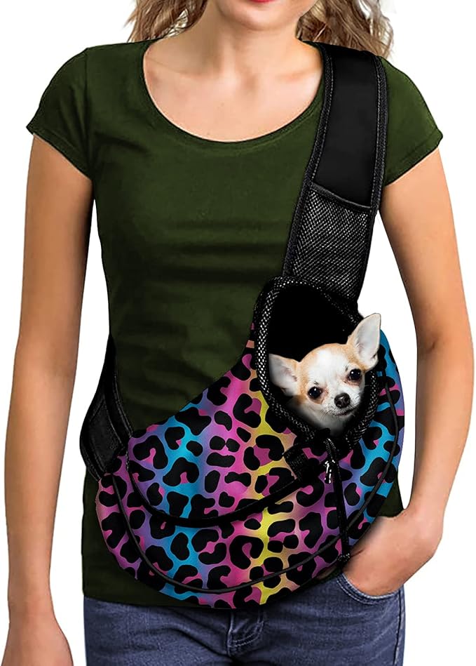 FUSURIRE Colorful Leopard Print Pet Carrier Sling with Adjustable Strap and Zipper Open, Small Dogs Cats Travel Carrier Bag for Women Men Green Hand Free Pet Front Sling Pack