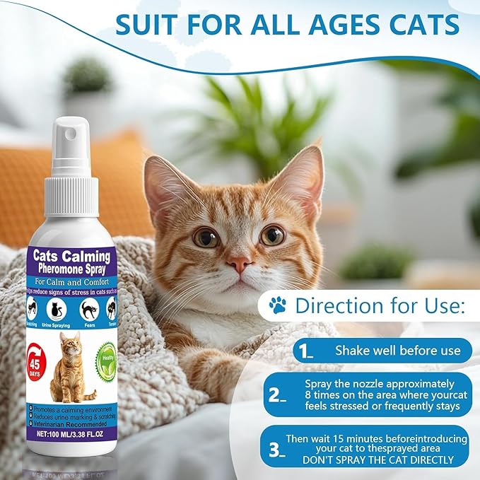 Cat Calming Pheromone Spray for Stress & Anxiety Relief – Reduces Scratching, Urine Spraying, Hiding – Drug-Free & Vet Recommended – Feline Calm Spray with F3 Facial Pheromone 2 * 100mL 8.5oz