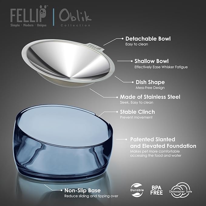 Felli Pet Oblik Whisker Fatigue Cat Food Bowl Raised Stainless Steel Shallow Dish, Pet Design Anti Vomit Tilted Metal Plate Feeder Elevated Acrylic Base (Shadow, 0.5 Cups Shallow Dish)