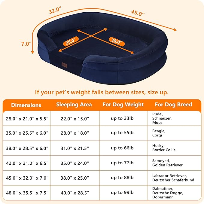 Dwanton Orthopedic Dog Bed for Extra Large Dogs with Gel Memory Foam, Waterproof Dog Sofa, Washable Pet Bed with Four Sided Bolster Cushion, Removable Cover & Non-Slip Bottom, 45", Navy Blue