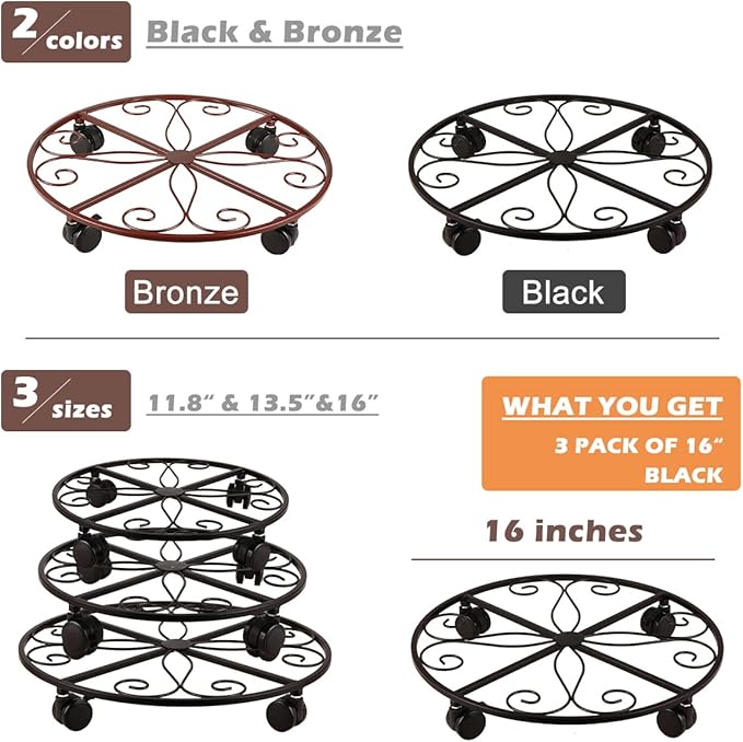 5 Packs 16” Plant Caddy with Wheels Metal Plant Stand on Wheels for Indoor and Outdoor Plants Rolling Plant Stand with Casters Heavy Duty Plant Dolly Roller Caddy, Black