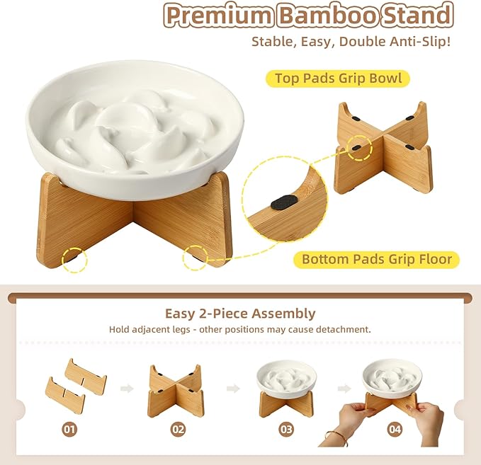 Elevated Slow Feeder Cat Bowl - Ceramic Cat Food Dish with Anti-Slip Bamboo Stand - Whisker Friendly Feeding Bowl - Raised Maze Plate for Slow Down Eating - Mint Green