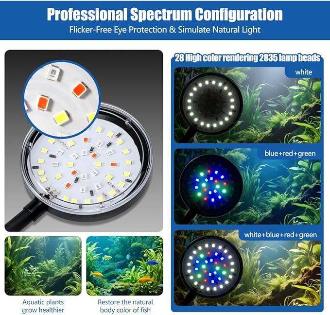 Clip On Aquarium Light 8W LED Fish Tank Light with Full Spectrum & Dimmable Brightness USB Moving Aquarium Lamp for 1-5 Gallon Betta Fish Tanks