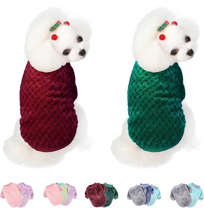 Dog Sweater, 2 Pack Dog Sweaters for Small Medium Dogs or Cat, Warm Soft Flannel Pet Clothes for Dogs Girl or Boy, Dog Shirt Coat Jacket (Small, Dark Red+Dark Green)