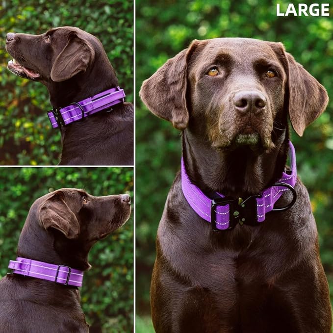 Tuff Pupper Tactical Dog Collar | Heavy Duty 1.5" Wide Ballistic Nylon | Training Control Handle | Quick-Release Metal Buckle | Reflective Bands | ID Tag Holder | Padded Inner Lining (Purple, Large)
