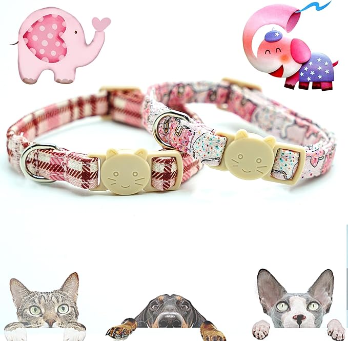 Elegant little tail 2 Pack Cat Collar-Pink Cotton Breakaway Cat Collars with Bell Pendant Kitten Boy Girl Safety Adjustable Collar for Small Cats Puppy