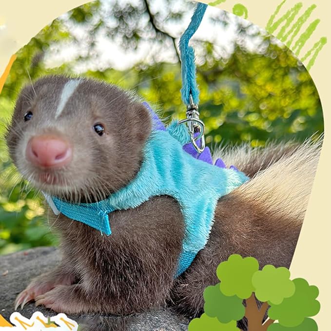 Ferret Harness and Leash Set Small Animals Vest Harness with Safe bell Dinosaur Shaped Walking clothes for Baby Rabbit Guinea pig Teacup Chihuahua Mouse and other small pet.(Blue Dinosaur)