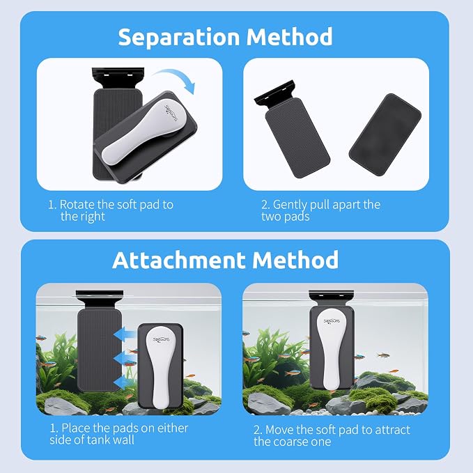 SEAOURA Floating Magnetic Aquarium Cleaner Dual Sided Anti Scratch Algae Scraper for Fresh Salt Water Fish Tanks | Floating Inner Magnet Design Dual Sided Algae Removal Pad Anti Scratch Glass Safe Material Strong Adsorption Magnetic Brush