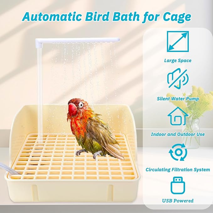 Automatic Bird Bath Fountain with Anti-Bite Cord Protector, Large Parrot Bathtub with Running Water Faucet, USB Electric Bird Shower for Parakeet, Cockatiel, Conure, African Grey, Lovebirds (Beige)