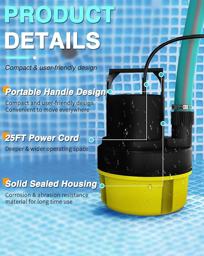 Submersible Sump Pump, 1HP 3200GPH Portable Water Pump Clean Dirty Water, Utility Pump with 25 FT Cord for Swimming Pool, Boats, Garden, Basement, Flood, Ponds