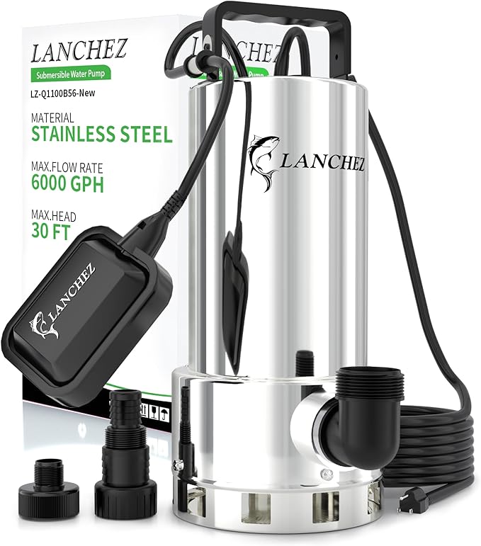 LANCHEZ 1.6HP 6000GPH Sump Pump, Stainless Steel High Flow Submersible Water Pump with Float Switch, Automatic Transfer Water Pump for Swimming Pool Basement Flooded Pit Sewage Sink Tub, Silver