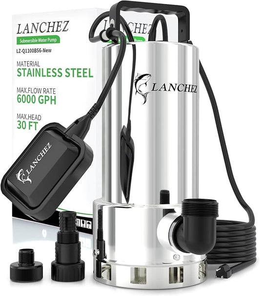 LANCHEZ 1.6HP 6000GPH Sump Pump, Stainless Steel High Flow Submersible Water Pump with Float Switch, Automatic Transfer Water Pump for Swimming Pool Basement Flooded Pit Sewage Sink Tub, Silver
