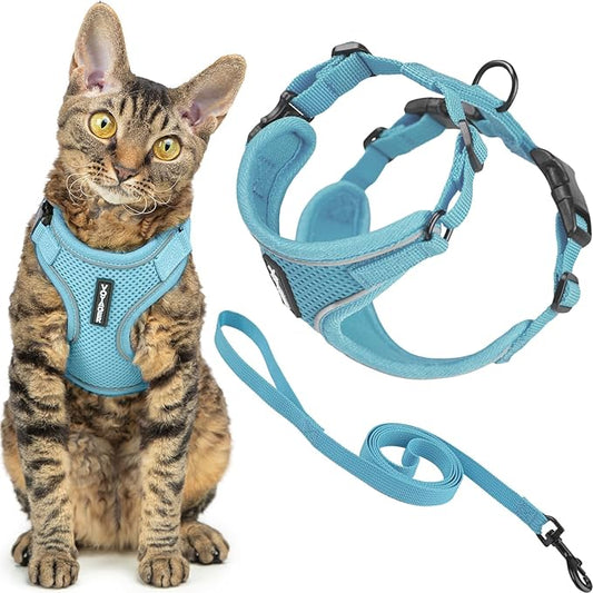 Voyager Escape-Proof Step-in Lock Cat Harness & 5ft Neoprene-Handle Leash Set All-Weather Mesh with Reflective Stitching for Small to Large Cats by Best Pet Supplies, Baby Blue (327), M