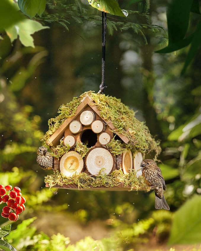 Bird House for Outside - Wren Bird House Nest Box for Outdoor - Moss Bird House with Cedar Rings- Gifts for Nature Lovers - Pole Mountable Rustic Style - 1-1/8" Entrance Hole Size