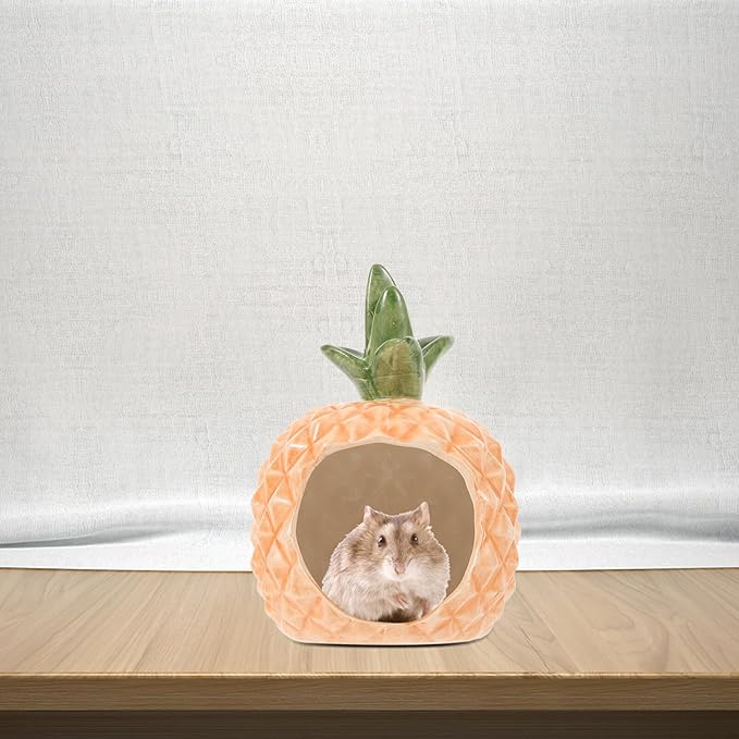 Ipetboom Ceramic Hamster Hideout Pineapple Shape Cooling Pet Nest Small Animal House for Hamsters Guinea Pigs Rats Chinchillas