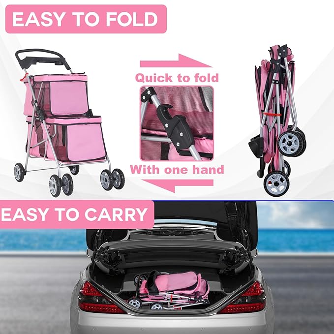 FDW 4 Wheels Pet Stroller Dog Cat Carriers Bag Lightweight Waterproof Folding Jogger Double Stroller with Cup Holders,Pink