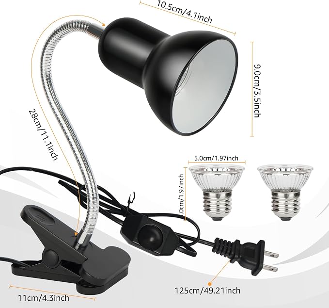 Reptile Heat Lamp UVA/UVB Light with Stepless Dimming, 360 Rotatable Gooseneck Clip-On Heating Lamp for Turtle Tank Bearded Dragon Snake Lizard Tortoise Hermit Crab Includes 25W and 50W Bulbs (Large)