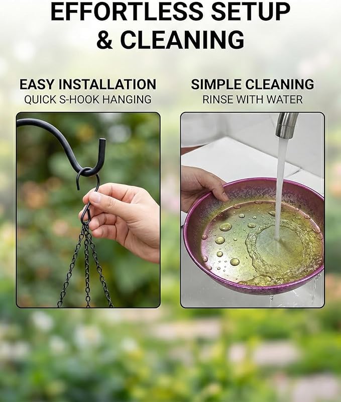 Hanging Bird Bath for Outside Iridescent Metal Feeder Tray with Hand-Painted Pink and Green Gradient 11" Decorative Birdbath for Wild Birds to Bathe & Drink Garden Decor for Patio & Yard