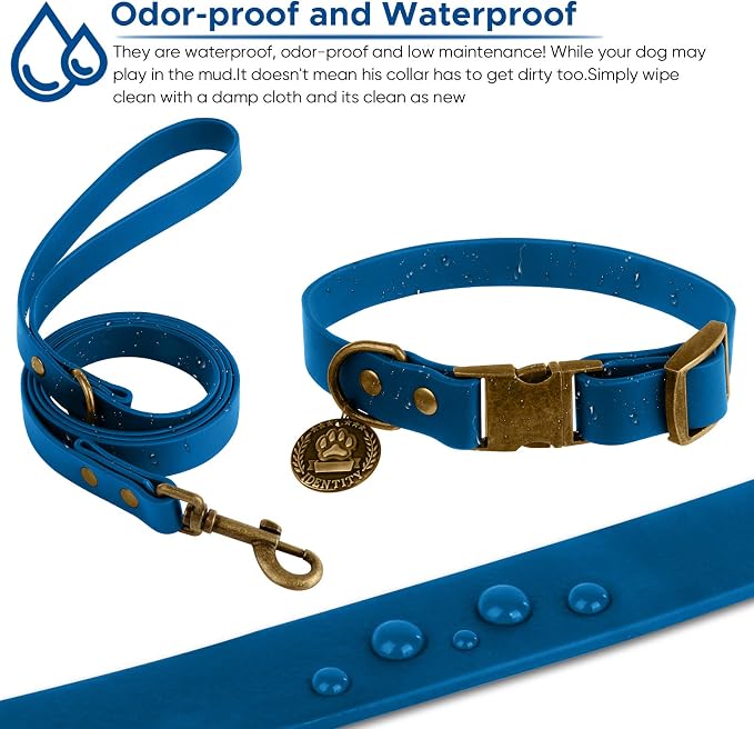 Wisedog Waterproof Dog Collar and Leash Set, Large, Blue | Adjustable Puppy Collar, Cute Tag, 5FT Leash, Includes Poop Bag, For Small Medium Large Dogs