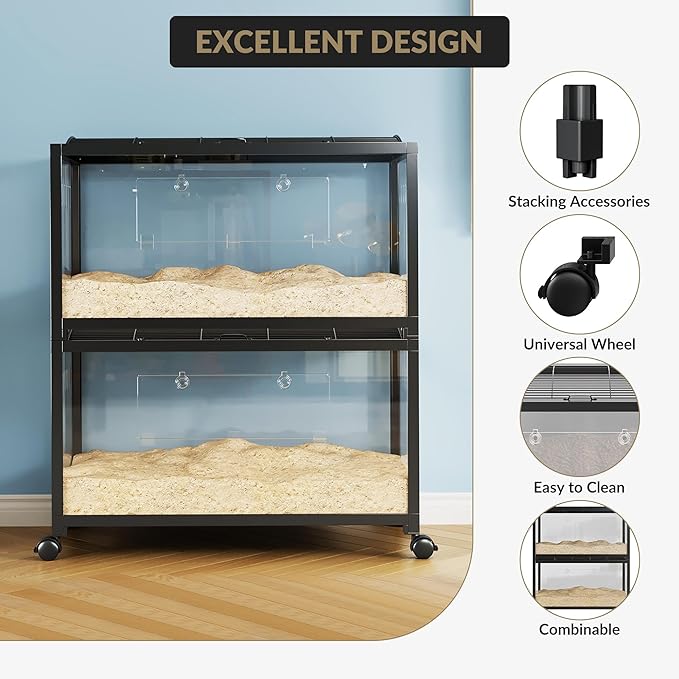 Hamster Cage for 2 Rats, Indoor Guinea Pig Cages, Small Animal Cage, 360° Viewing & Stacked Design Rat Cage for Chinchillas,Syrian Hamster, Gerbil