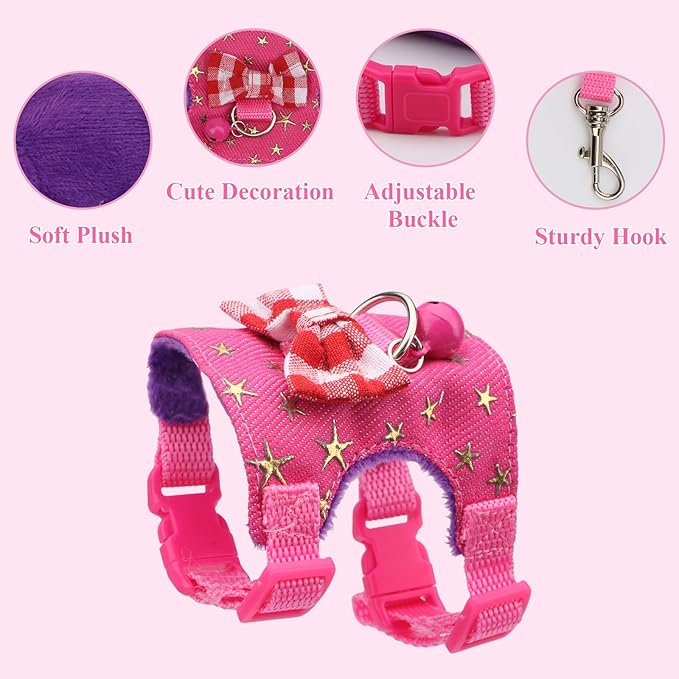 Hypeety Small Animal Harness Vest and Leash Set Soft Mesh Small Pet Harness Hamster Rabbit Chest Back Outdoor Leash Traction Rope for Rabbit Ferret Guinea Pig Kitten Clothes Accessory (S, Pink Star)