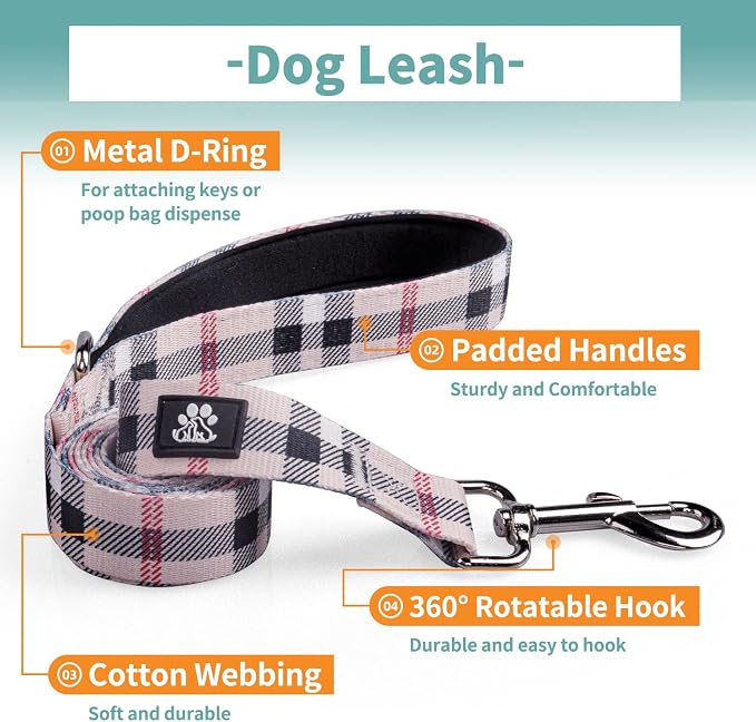 IVY&LANE Dog Collar with Bowtie and Leash Set | Plaid Adjustable Dog Collar | Detachable Bow Tie |5 FT Dog Leash | for Small Medium Large Dogs | Checkered Beige | Medium