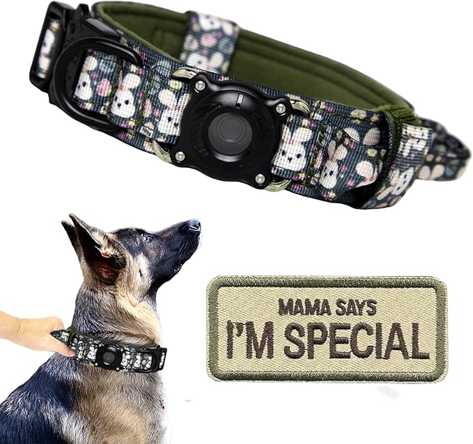 Upgraded AirTag Dog Collar,Waterproof Tactical Dog Collar with AirTag Holder, Control Handle and Metal Buckle,Heavy Duty Dog Collars for Large Dogs (Rabbit，M