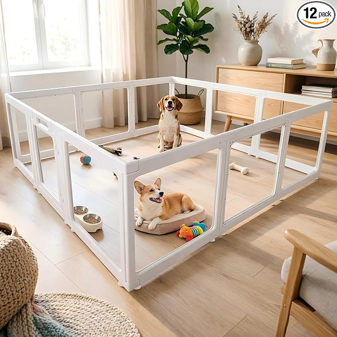 Clear Acrylic Plastic Dog Playpen with Door, 23.6"H Transparent DIY Puppy Cat Pet Play Pen, Modular Fence for Dog, Cat, Pig, Rabbit, Ferret, Easy Assemble Dog House Crate Kennel Whelping Cage