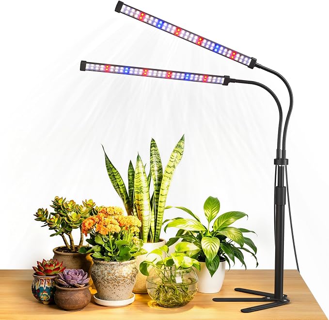 LED Grow Lights for Indoor Plants, Tripod Stand, Dual Head | 120 LEDs, Upgraded 9V System, 9.8-35 in Adjustable Tripod, 5700K Full Spectrum, CRI 90+, 4/8/12H Timer, 5 Brightness Levels