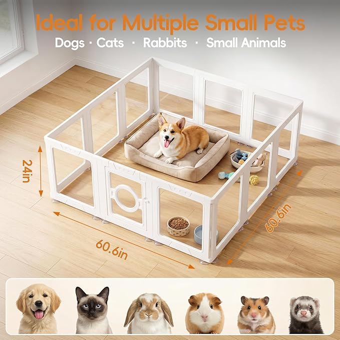 JEKO&JEKO Clear Acrylic Dog Playpen Indoor, Transparent Pet Play Pen for Puppies, Small Dogs, Cats & Rabbits, Easy Assemble Plastic Dog Fence, Easy to Clean (White, 12 Panels)