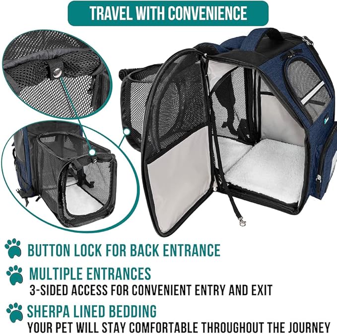 PetAmi Expandable Dog Backpack Carrier for Cats & Pets, Breathable Cat Carrier Backpack with Top Window & Multi-Entry, Ventilated Foldable Travel Carrier for Small Medium Pets up to 18 lbs, Navy
